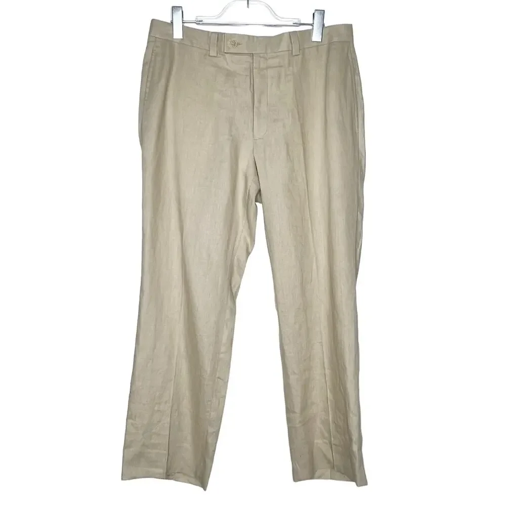 CALVIN KLEIN Mens Linen High-Rise Flat Front Straight Leg Pants Beige Size 35W